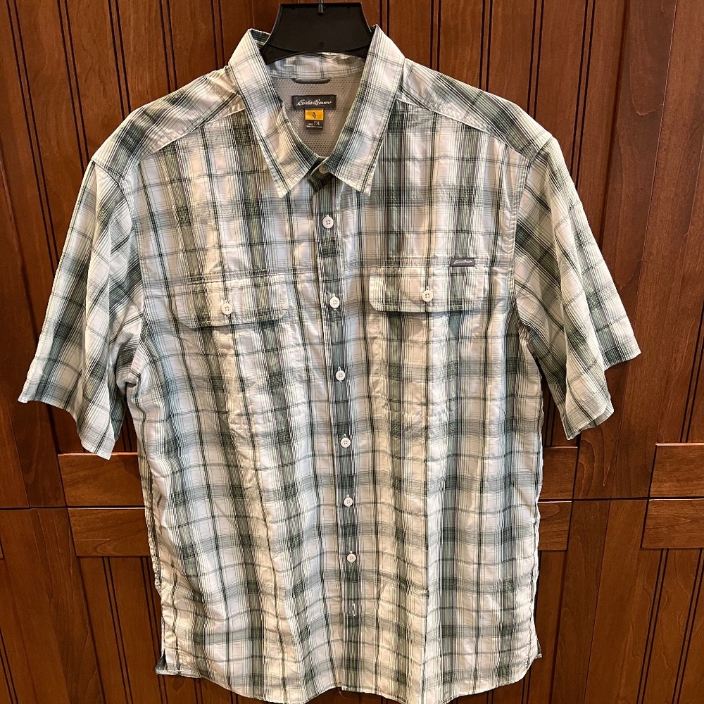Eddie Bauer Plaid TRAVEX Short Sleeve Button Front Shirt Mens Size TXL